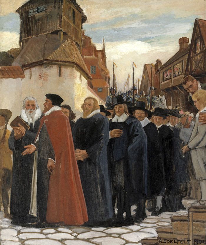 Albert Edelfelt: Turun Akatemian vihkiäiskulkue. Johannes Gebhardin vuonna 1961 tekemä kopio Helsingin yliopiston juhlasalissa.