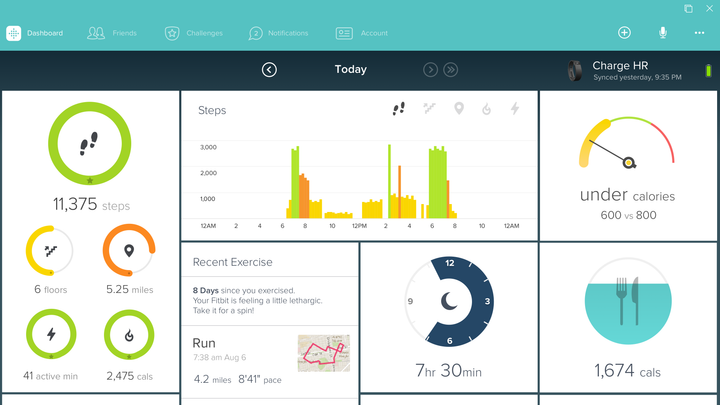 Fitbit for Windows 10 -sovelluksessa on uudelleen suunnitellut live tiles -tapahtumaruudut, jotka nopeuttavat Fitbit-tietojen selailua ja auttavat käyttäjiä saavuttamaan hyvinvoinnin ja kuntoilun tavoitteitaan. Edistyksellinen muotoilu antaa entistä paremman ja intuitiivisemman käyttäjäkokemuksen kaikilla Windows-alustoilla. Kuvassa esimerkki tablet-näkymästä.