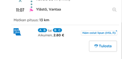 Minkä lipun tarvitsen? Esimerkiksi Helsingin Puistolasta Vantaan Ylästöön matkatessasi voit valita parhaiten sopivan reitin ja lipun. Reitistä riippuen matkalle voi ostaa joko AB- tai BC-lipun. A, B ja C-vyöhykkeillä matkustusoikeus ostetaan aina kahdelle vyöhykkeelle.