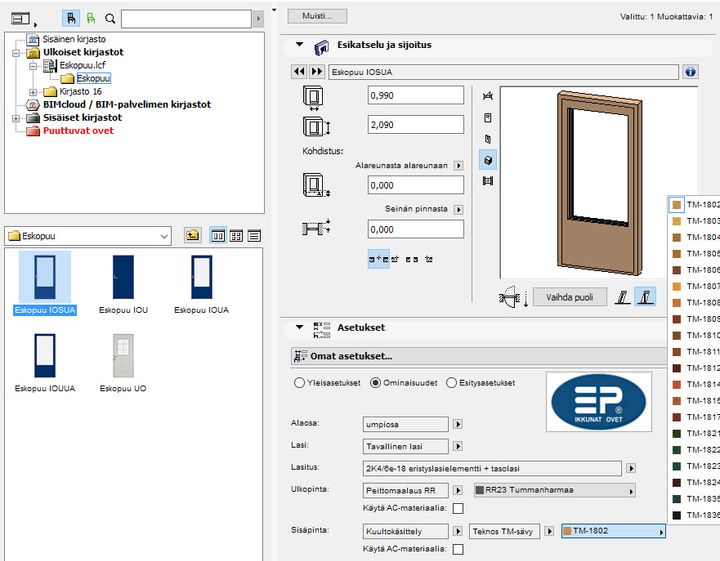 Eskopuun objektit sisältävät visuaaliset RR- ja RAL- sekä kuultokäsiteltyjen puupintojen värivalinnat sekä vapaasti määriteltävät NCS-värit, joiden ansiosta ovien ja ikkunoiden värisävy on helppo määritellä täsmällisesti.