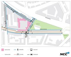 Karttakuva reittimuutoksista selitteineen. Kuva: NCC Suomi Oy