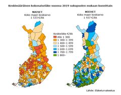 Keskimääräinen kokonaiseläke vuonna 2019 sukupuolen mukaan kunnittain.