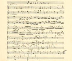 Säveltäjän veli Christian Sibelius kopioi Korppoo-trion (1887) viulustemman. Laajan teoksen keskimmäisen osan otsikkona on Fantasia.
Kuva: Petri Tuovinen, Sibeliuksen sävellyskäsikirjoitus/ Kansalliskirjaston kokoelmat.