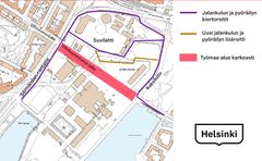 Kartta työmaa-alueesta ja korvaavista reiteistä. Uusi lisäreitti tulee käyttöön syyskuun lopulla.