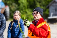 Stora Enson metsänhoidonasiantuntija Piia Mikkonen opasti talkoolaisia taimien istutukseen. Kuva: Jarno Artika.   