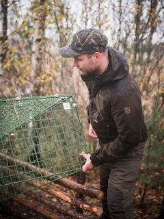 En stor del av mårdhundsfångsten i Finland fås med fällor som fångar bytet levande. Projektchef Kari Karhula visar hur en fälla av Kanu-modell fungerar. Bild: Ville Kankare