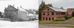 Sorsakosken tehtaan yläverstas vuosina 1915 ja 2021. Vas. Victor Barsokevitsch, Kuopion kulttuurihistoriallinen museo, CC BY 4.0. Oik. Onkivesj, CC-BY-SA-4.0.