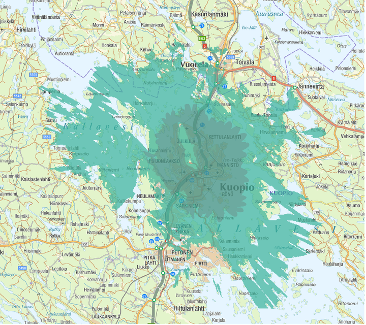 Kuvassa vaaleampi vihreä väri kuvaa normaalia 4G/5G-peruspeittoa, ja tummempi vihreä erityisen nopeaa, 3.5 GHz -taajuudella toimivaa 5G-verkkoa. Vaaleamman vihreällä alueella uusi verkko otetaan ensin käyttöön aiempaa parempana 4G -verkkona, ja 5G -osuus aktivoidaan hieman myöhemmin, vuoden 2022 alkupuolella.