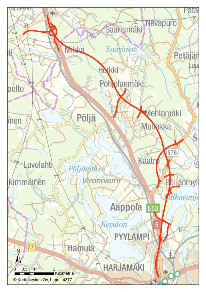 Siilinjärvi – Pöljä – Alapitkä yleissuunnitelman tarkastelussa oleva alustava tielinjaus.