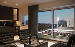 Ylimmistä kerroksista aukeavat näkymät muun muassa jalkapallostadionille.