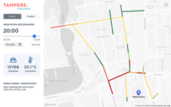 Tampereen Pulssi -palvelun karttanäkymä kertoo liikevirtojen voimakkuuden eri väreillä.