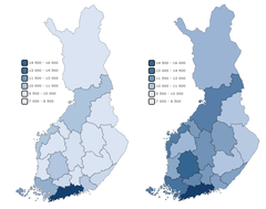 40–59-vuotiaiden keskimääräiset maksetut henkilöverot maakunnittain vuonna 2000 (vas.) ja 2018 (oik.) samalla asteikoilla mitattuna vuoden 2018 rahanarvolla.