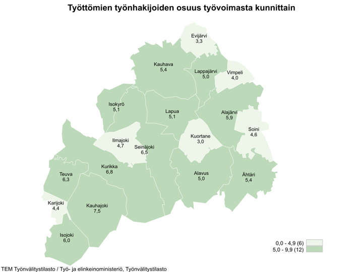 Maakunnan alhaisimmat työttömien työnhakijoiden osuudet olivat Kuortaneella (3,0 %), Evijärvellä (3,3 %) ja Vimpelissä (4,0 %).