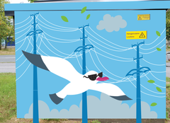 Illustration av målning. Vasa Elnäts transformatorstation, hörnet mellan Bangatan och Formansgatan, Vasa. Konstnär: Päivi Arenius.