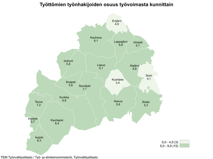 Maakunnan alhaisimmat työttömien työnhakijoiden osuudet olivat Kuortaneella (3,4 %), Soinissa (4,1 %) ja Evijärvellä (4,9 %).