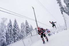 Kim Mueller of Switzerland, Robert Grochowicz of Poland and Jannik Boehme of Germany compete during the Last Chance Qualifier at the fifth stage of the ATSX Ice Cross Downhill World Championship at the Red Bull Crashed Ice in Jyvaskyla, Finland on February 1, 2019.
 
Photocredit: Red Bull Content Pool / Daniel Grund