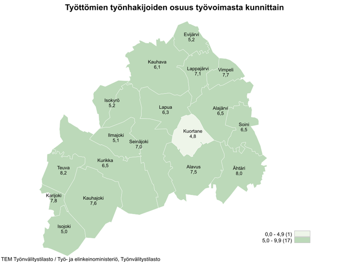 Maakunnan alhaisimmat työttömien työnhakijoiden osuudet olivat Kuortaneella (4,8 %), Isojoella (5,0 %) ja Ilmajoella (5,1 %).