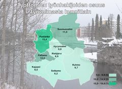 Työttömien työnhakijoiden määrä kunnittain Kainuussa syyskuussa 2021.