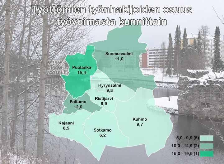 Työttömien työnhakijoiden määrä kunnittain Kainuussa syyskuussa 2021.