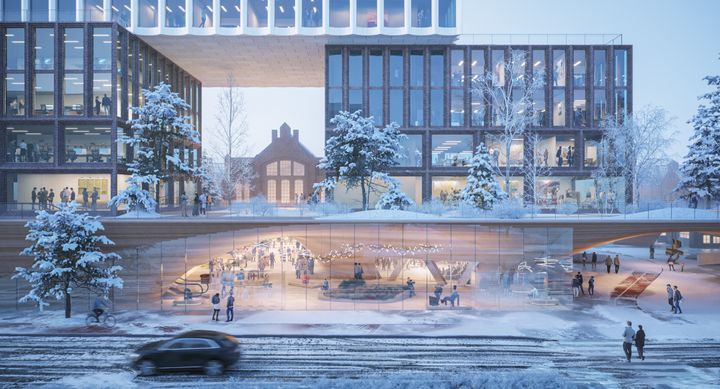 Havainnekuva Train Factoryn arkkitehtikilpailun voittajatyöstä A Roof for Helsinki. Kuva: MASSLab Porto sekä AFRY & AFRY Ark Studio.