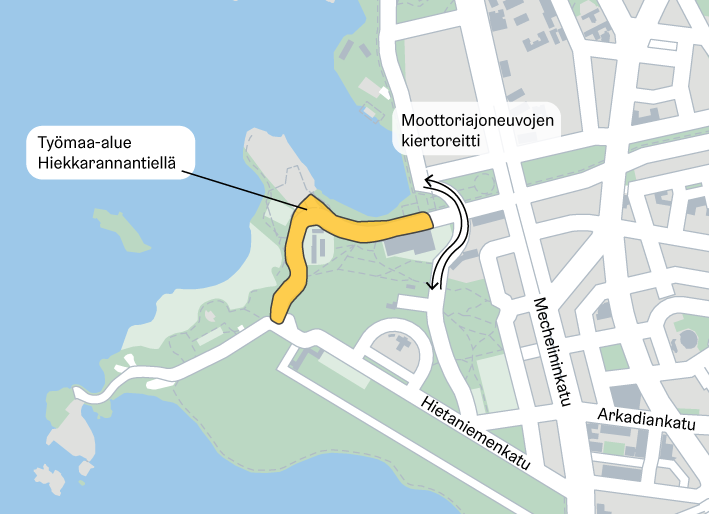 Hiekkarannantien katu-urakan työmaa-alue ja moottoriajoneuvojen kiertoreitti. Kuva: Helsingin kaupunki