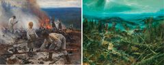 Eero Järnefelt: Raatajat rahanalaiset/Kaski (1893). Kansallisgalleria/Ateneumin taidemuseo. Kuva: Kansallisgalleria/Yehia Eweis. | Petri Ala-Maunus: Vaara-Suomi (2017). Taiteilijan omistuksessa. Kuva: Kansallisgalleria/Hannu Pakarinen.