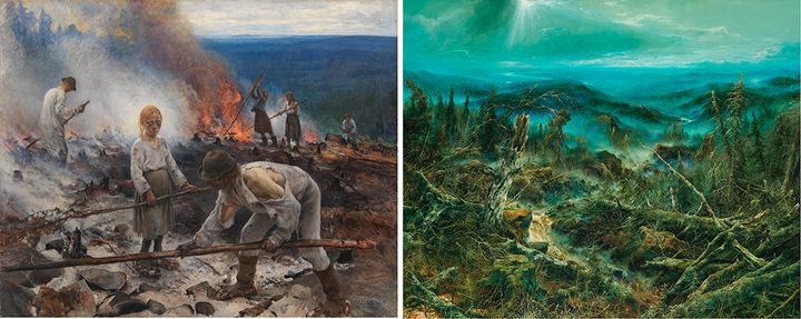 Eero Järnefelt: Raatajat rahanalaiset/Kaski (1893). Kansallisgalleria/Ateneumin taidemuseo. Kuva: Kansallisgalleria/Yehia Eweis. | Petri Ala-Maunus: Vaara-Suomi (2017). Taiteilijan omistuksessa. Kuva: Kansallisgalleria/Hannu Pakarinen.