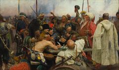 Ilya Repin: Zaporozhian Cossacks Writing a Mocking Letter to the Turkish Sultan (1880–1891). State Russian Museum. © State Russian Museum, St. Petersburg