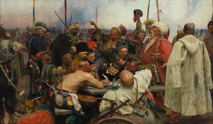 Ilya Repin: Zaporozhian Cossacks Writing a Mocking Letter to the Turkish Sultan (1880–1891). State Russian Museum. © State Russian Museum, St. Petersburg