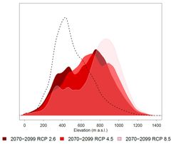 Routaan ja lumen liittyvien maanpinnan prosessien keskittyminen korkeille alueille ilmastonmuutoksen seurauksena. Musta katkoviiva näyttää neljän tutkitun prosessin nykyisen esiintyvyyden (m mpy=metriä merenpinnan yläpuolella). Punaisen eri sävyt osoittavat prosessien esiintyvyyden tämän vuosisadan loppuun mennessä kolmessa eri ilmastonmuutosskenaariossa (RCP2.6=optimistinen, RCP4.5=keskimääräinen ja RCP8.5=pessimistinen).