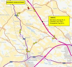 Omväg under arbetets gång via Björneborg riksväg (Rv 2), Lammintie (väg 13561) och Humppilantie (väg 2813).