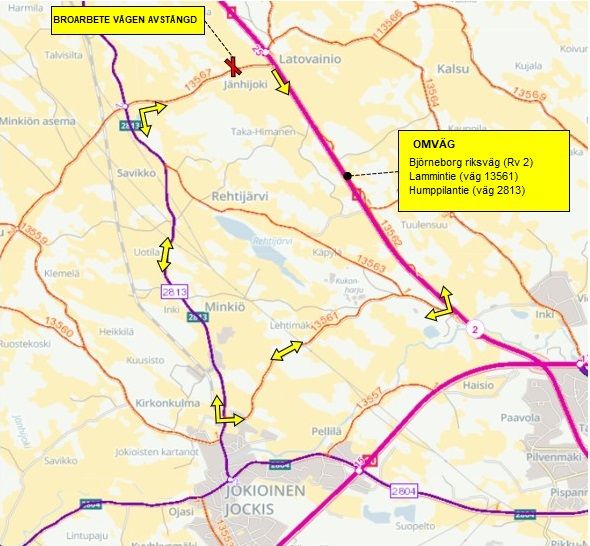 Omväg under arbetets gång via Björneborg riksväg (Rv 2), Lammintie (väg 13561) och Humppilantie (väg 2813).