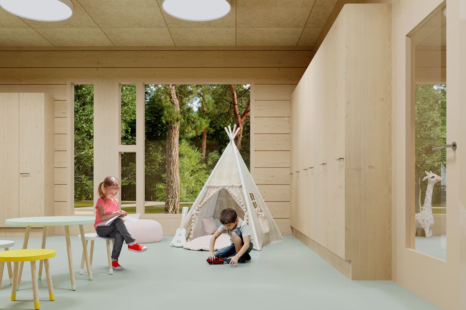 Hoivarakentajat Leppäkorven päiväkoti Vantaa - havainnekuva sisätiloista print