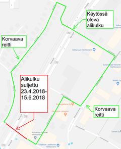 Korvaava reitti Hirvitie-Konemestarinkadun alikululle on esitetty kartassa.