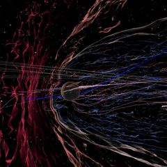 Sininen viiva kuvaa BepiColombon rataa, aaltoilevat viivat magneettikentän kenttäviivoja ja punaiset alueet aurinkotuulen tiheyttä Merkuriuksen ympärillä. Simulaatiokuva: Aalto-yliopisto / Esa Kallion tutkimusryhmä