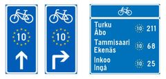 Esimerkkejä EuroVelo 10 -reitin opasteista