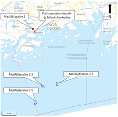 Platserna för bränsleterminalen och den nya kajen samt jord- och havsdeponeringsområden i anslutning till projektet under byggtiden.  (Bild St1 ab)