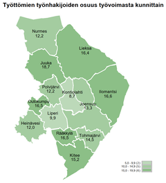 Työttömät työnhakijat kunnittain, Pohjois-Karjala, maaliskuu 2023.
