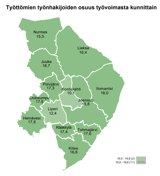 Työttömien työnhakijoiden osuus työvoimasta kunnittain.