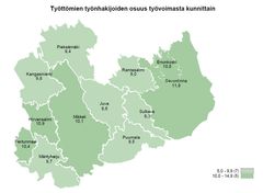 Kartalla työttömien työnhakijoiden osuus työvoimasta kunnittain Etelä-Savossa tammikuun 2023 lopussa.