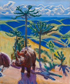 Akseli Gallen-Kallela (1865–1931): Sarvikuono ja euforbiapuita / Noshörning och euphorbiaträd /Rhinoceros and Euphorbia trees. n. | c. 1910. Kokoelma / samling / collection Kakkonen. Kuva: Kansallisgalleria, Hannu Aaltonen.