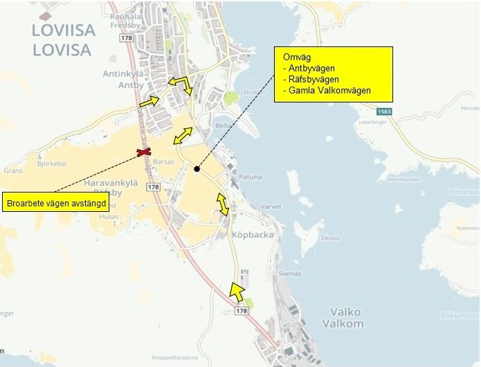 Omväg och trafikarrangemang under reparationsarbetet.