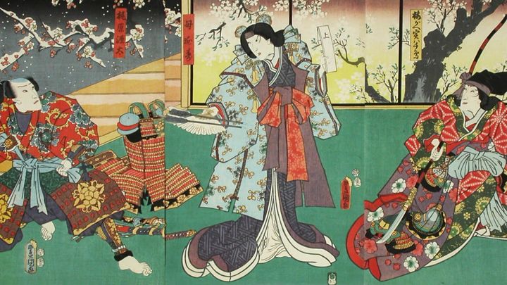 Utagawa Kunisada [Toyokuni III] (1786–1864): Näyttelijät Nakamura Tomijūrō II, Onoe Baikō ja Ichikawa Danjūrō VIII näytelmässä Umeyanagi sakigake soshi (Kertomus varhain kukkivista luumupuista ja pajuista) Kansallisgalleria / Ateneumin taidemuseo. Kuva: Kansallisgalleria / Jenni Nurminen.