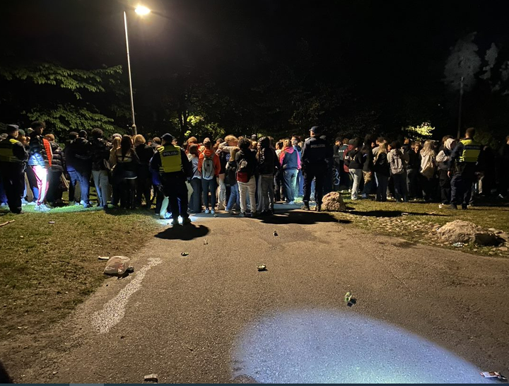 Poliisi tyhjentää puistoa. Puistobileiden sijasta nuorten olisi hyvä kokoontua pienemmissä porukoissa. Valtava väkimäärä ja pimeys luovat turvattomuutta. Kuva Helsingin nuorisopalvelu, syyskuu 2022.