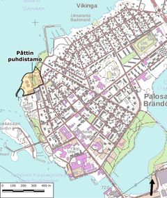 Palosaaren alueen kartta, johon on merkitty Påttin jätevedenpuhdistamon sijainti.