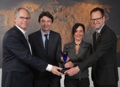 YFAI honored the Belgian company Total Research & Technology Feluy with a "Supplier of the Year award". From left to right: James Bos, Vice President Global Procurement at YFAI, Tim Mortiers, Global Sales & Marketing Manager PP Automotive at Total and Caroline Schills, Technical Manager at Total and Gunnar Buechter, Executive Director Procurement and Strategy Europe and South Africa at YFAI. Editorial use of this picture is free of charge.