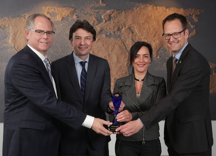 YFAI honored the Belgian company Total Research & Technology Feluy with a "Supplier of the Year award". From left to right: James Bos, Vice President Global Procurement at YFAI, Tim Mortiers, Global Sales & Marketing Manager PP Automotive at Total and Caroline Schills, Technical Manager at Total and Gunnar Buechter, Executive Director Procurement and Strategy Europe and South Africa at YFAI. Editorial use of this picture is free of charge.