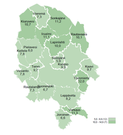 Työttömien työnhakijoiden osuus työvoimasta kunnittain Pohjois-Savossa.