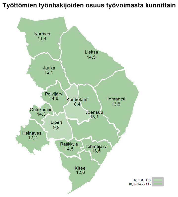 Työttömien työnhakijoiden osuus työvoimasta kunnittain Pohjois-Karjalassa.