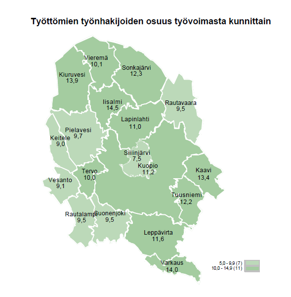 Työttömien työnhakijoiden osuus työvoimasta kunnittain Pohjois-Savossa.